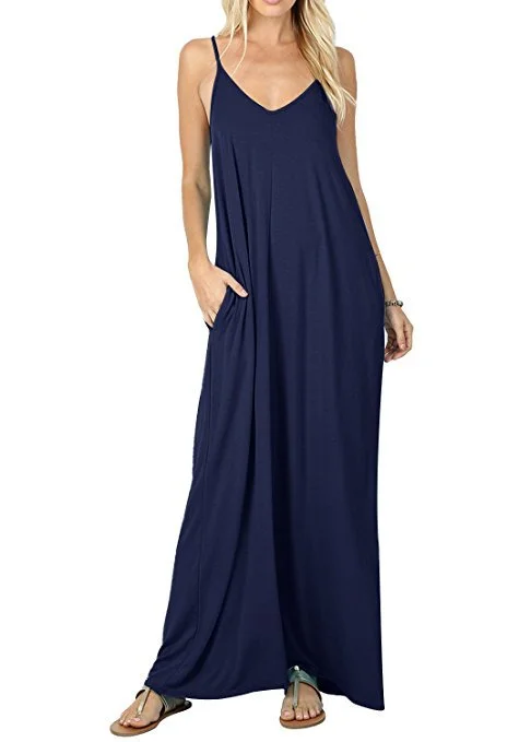 Giselle Tencel Pocketed Olivian Maxi Dress - Dark Blue Stylish V-Neck Maxi Dress