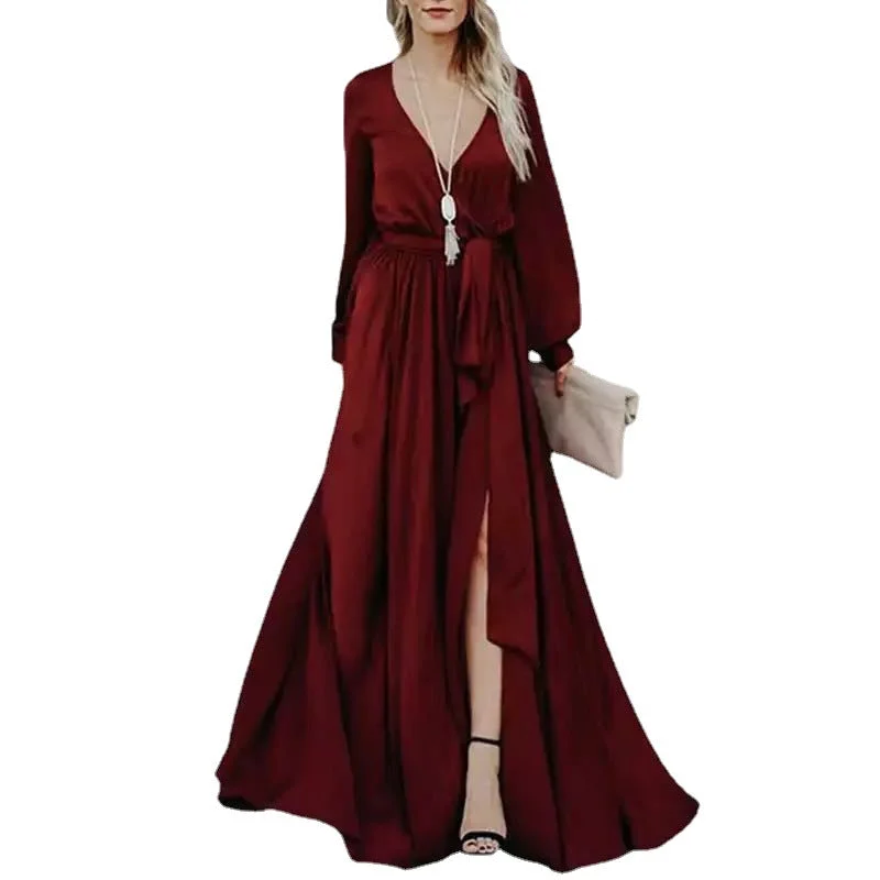 Glitzy Night Satin Belted Maxi Dress Chic Boho Print Maxi Dress