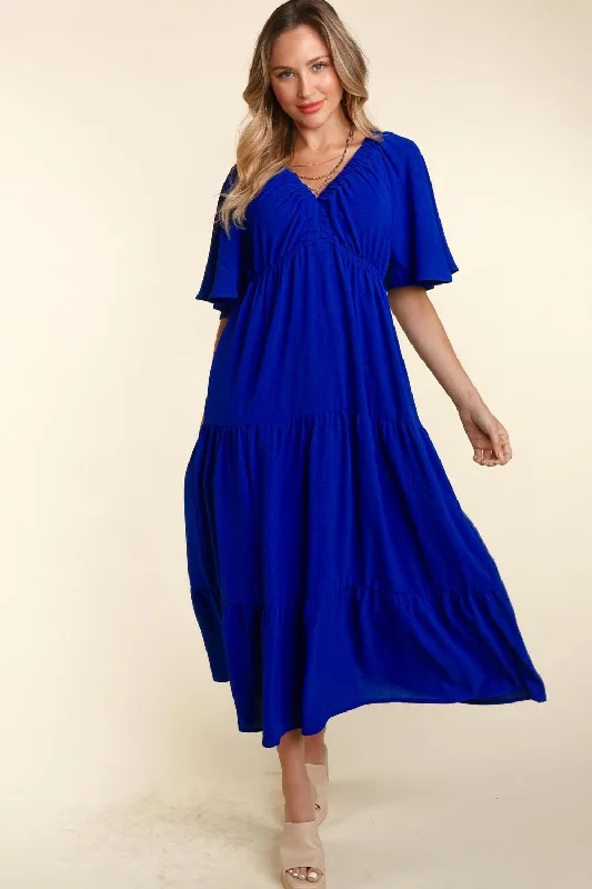 Royal Blue Tiered Maxi Dress Trendy Button Front Maxi Dress