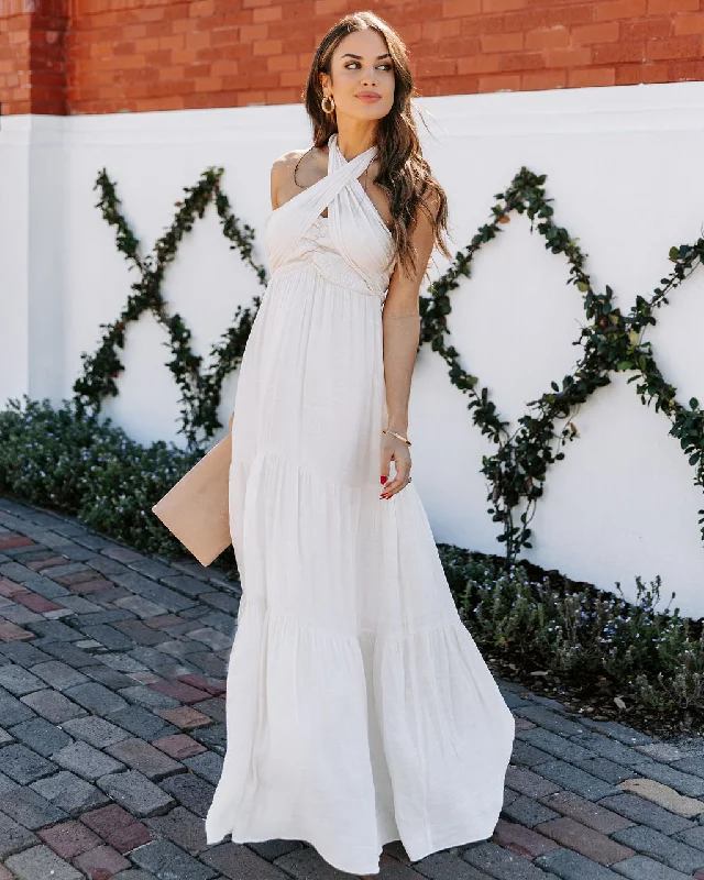 Hattie Strapless Pocketed Tie Front Maxi Dress - Bamboo Cream Fashionable High-Low Maxi Dress