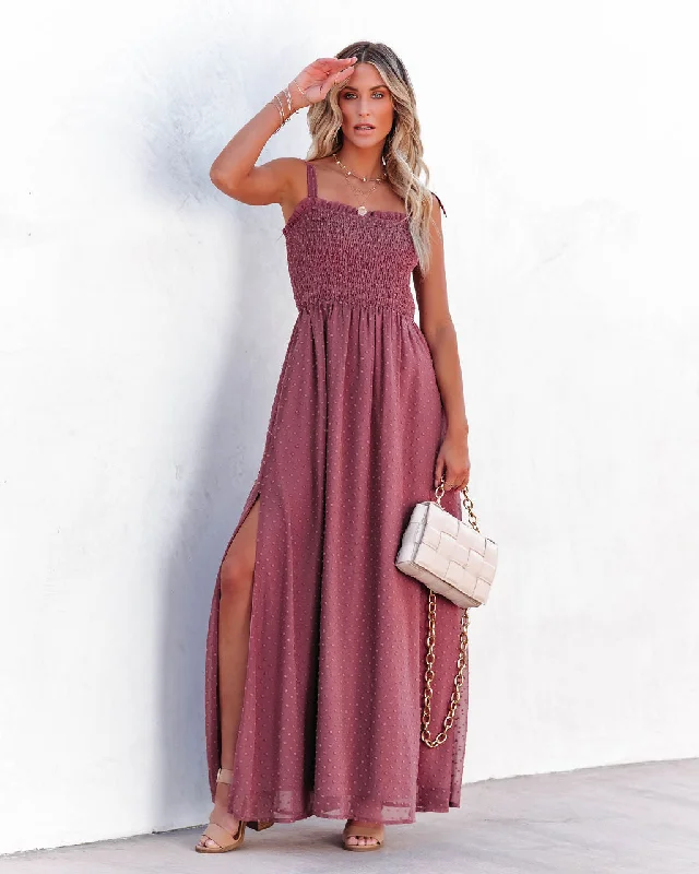 Hazelle Smocked Swiss Dot Maxi Dress - Dark Mauve Stylish Maxi Dress with Frills