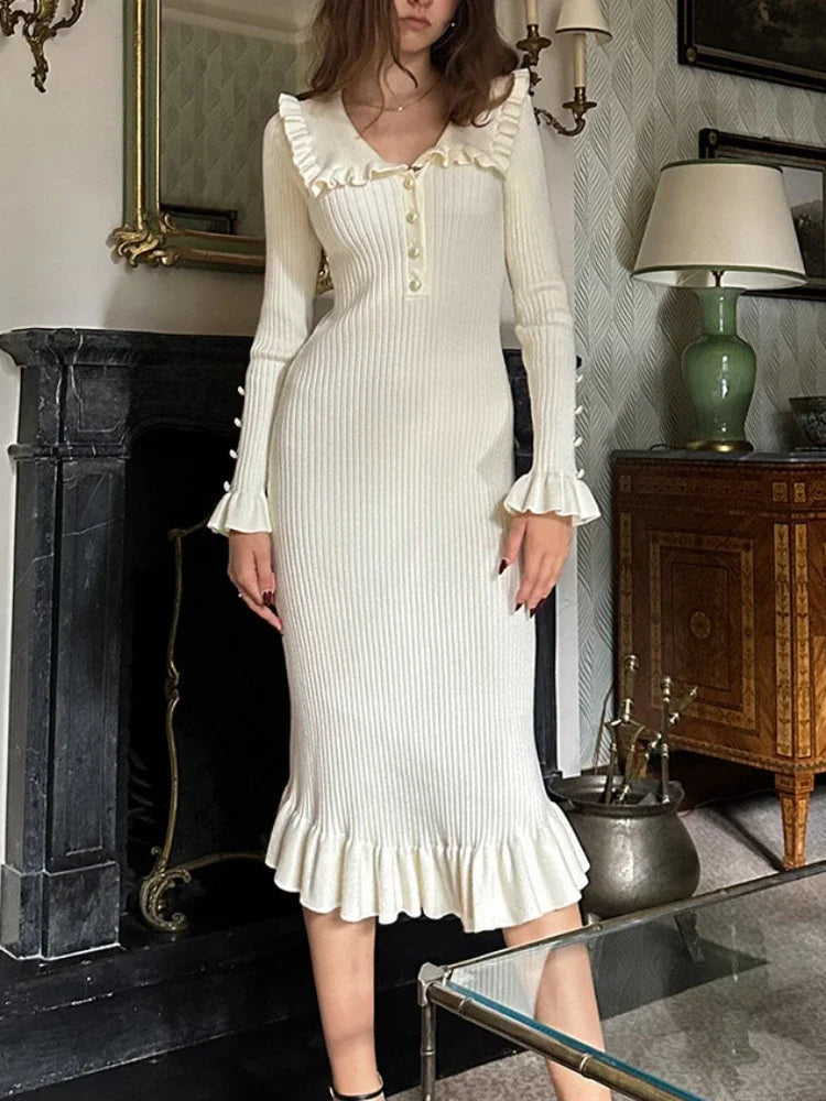 High Waist Ruffled Maxi Dresses Women Autumn Knitted Vintage Maxi Dress Comfortable Pleated Maxi Dress