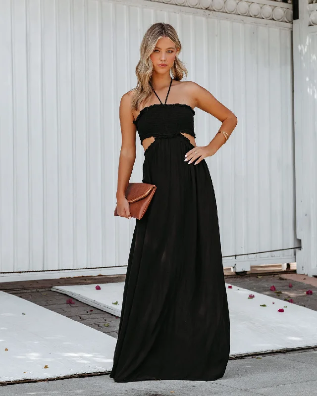 Hit The Beach Smocked Halter Maxi Dress - Black Chic Summer Maxi Dress