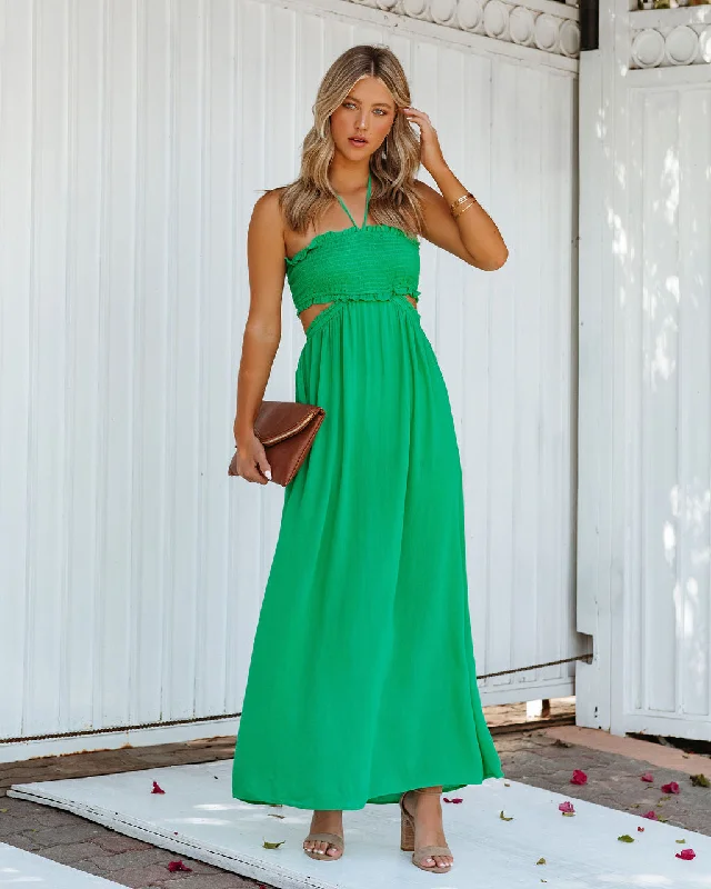 Hit The Beach Smocked Halter Maxi Dress - Kelly Green Fashionable Printed Maxi Dress