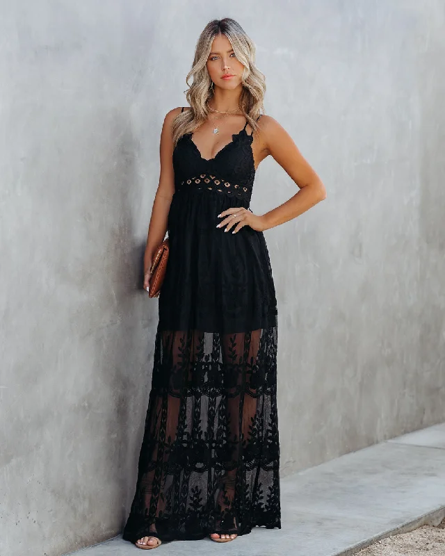 Invite Tranquility Lace Maxi Dress - Black - FINAL SALE Trendy Button Front Maxi Dress