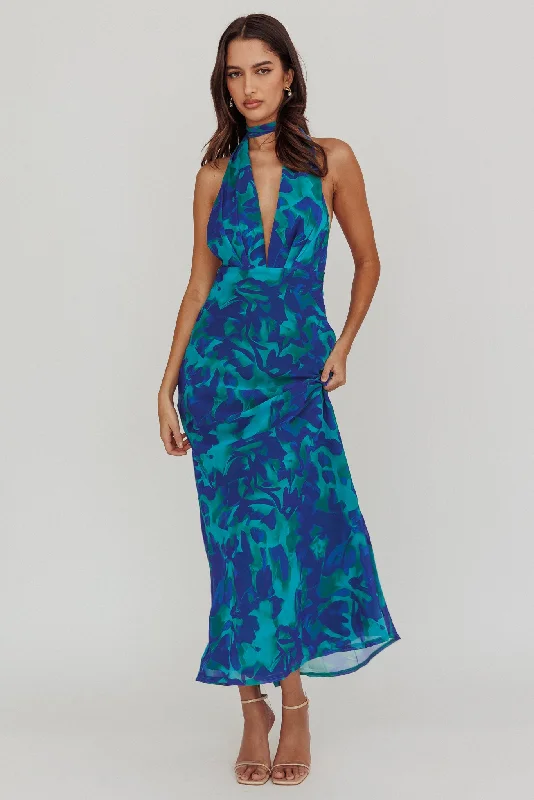 Italia Azure Halterneck Maxi Dress Abstract Blue Comfortable Maxi Dress with Belt