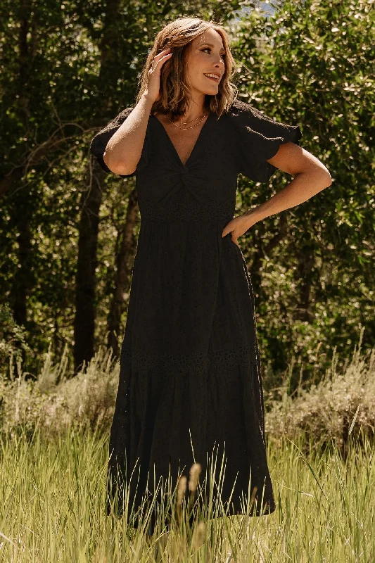 Jackie Eyelet Maxi Dress | Black Trendy Maxi Dress with Belt