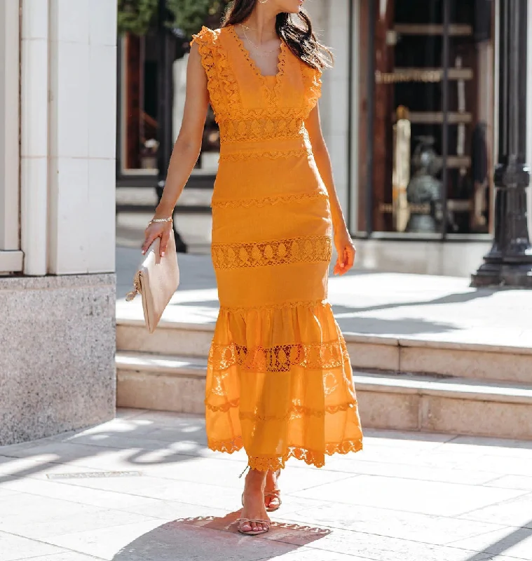 Jade Cotton Eyelet Tiered Maxi Dress - Tangerine - FINAL SALE Trendy Satin Maxi Dress