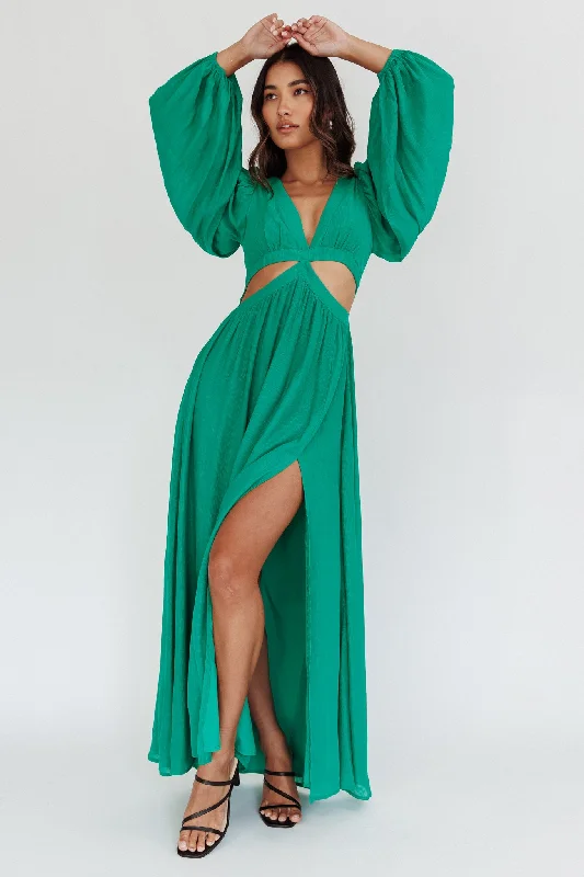 Jessalynn Cut-Out Long Sleeve Maxi Dress Green Comfortable Bohemian Maxi Dress