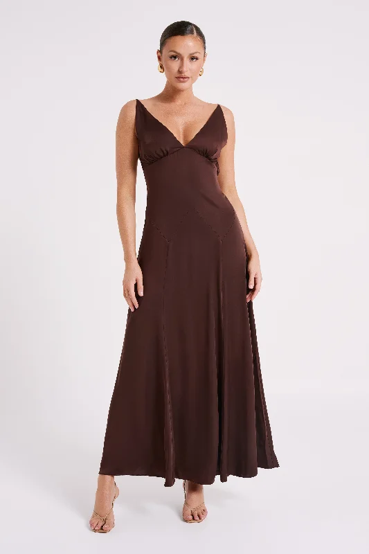 Kamala Low Back Satin Maxi Dress - Dark Chocolate Fashionable Open-Back Maxi Dress