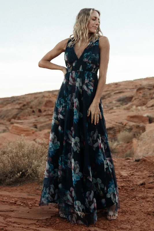 Kamila Tulle Maxi Dress | Navy Abstract Floral Fashionable Sleeveless Maxi Dress