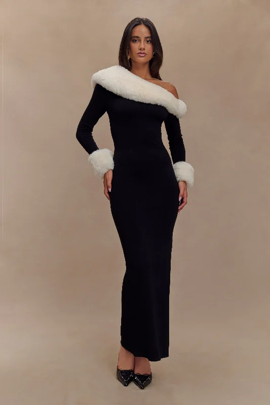 Karleigh Faux Fur Knit Maxi Dress - Black/White Trendy Floral Print Maxi Dress