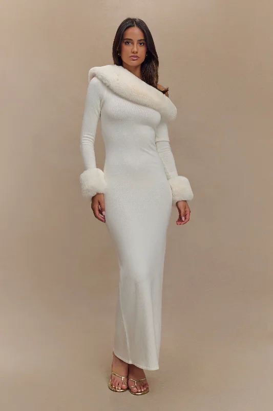 Karleigh Faux Fur Knit Maxi Dress - Ivory Trendy V-Neck Maxi Dress
