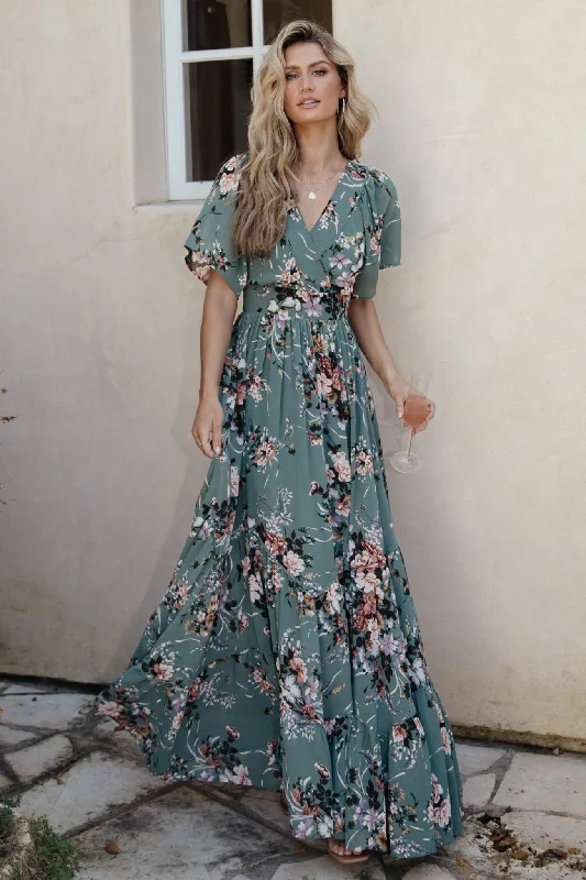 Katherine Maxi Dress | Dusty Green Floral Stylish Boho Maxi Dress