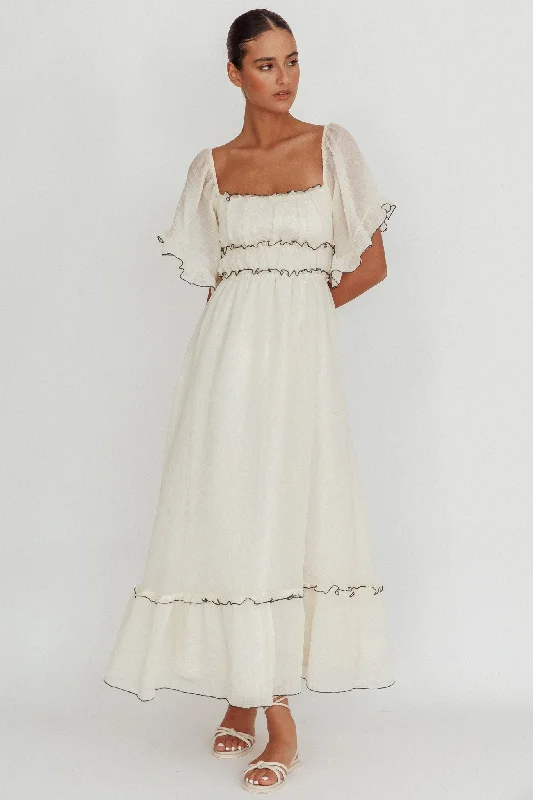 Kathlene Flutter Sleeves Maxi Dress Cream Fashionable Faux Wrap Maxi Dress