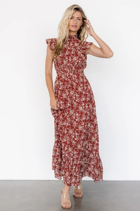 Kearny Ruffle Maxi Dress | Rust Print Trendy Off-Shoulder Ruffle Maxi Dress