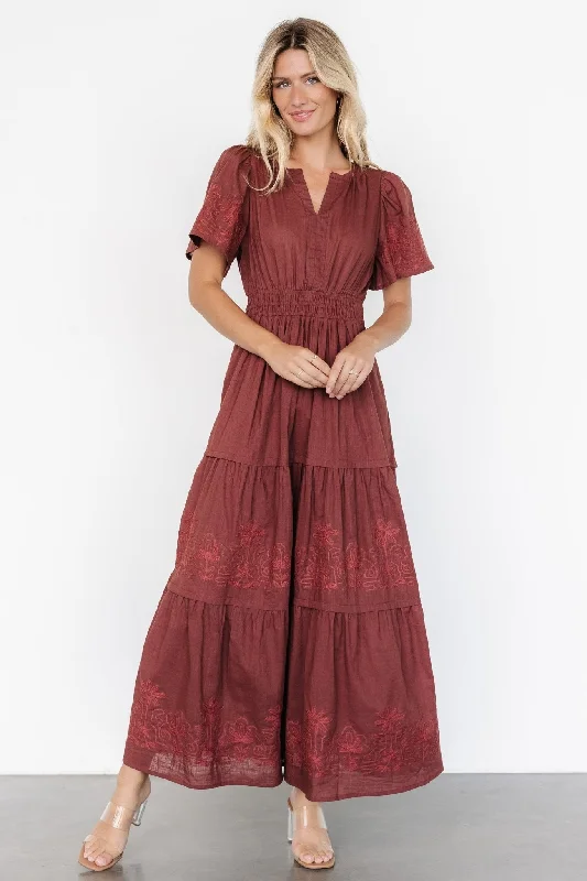 Kennedy Embroidered Maxi Dress | Marsala Cozy Ruffle Sleeve Maxi Dress