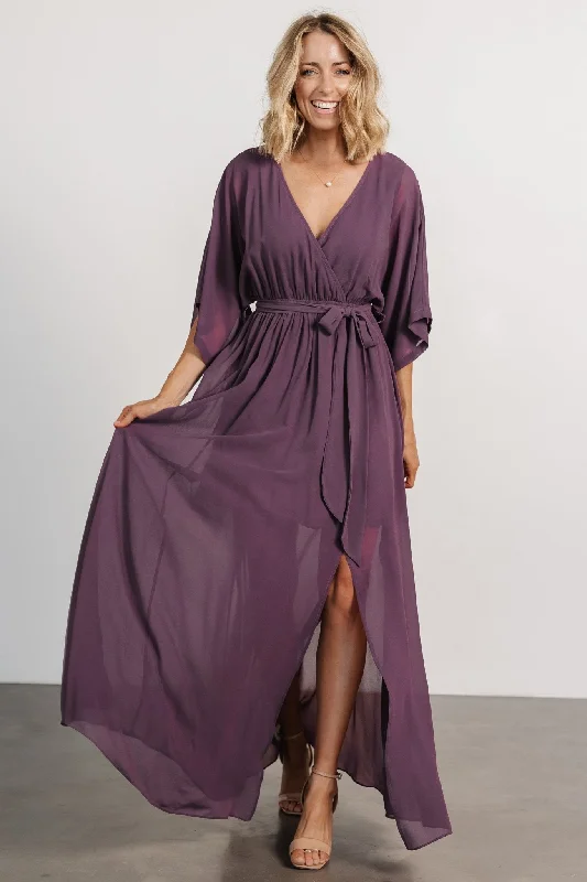 Kia Kimono Maxi Dress | Vintage Plum Stylish Maxi Dress with Frills