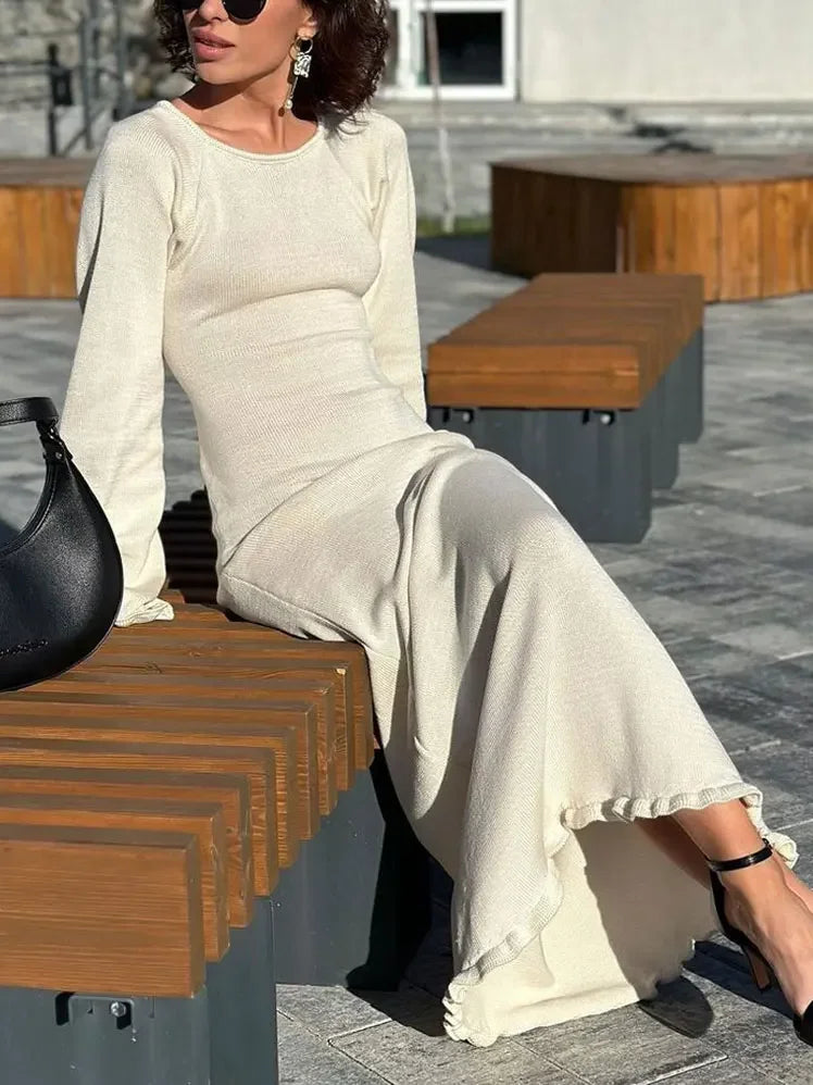 Knitted Backless Long Dress Women Ruffled Lace Up High Waist Maxi Dress Comfortable Maxi Dress with Belt