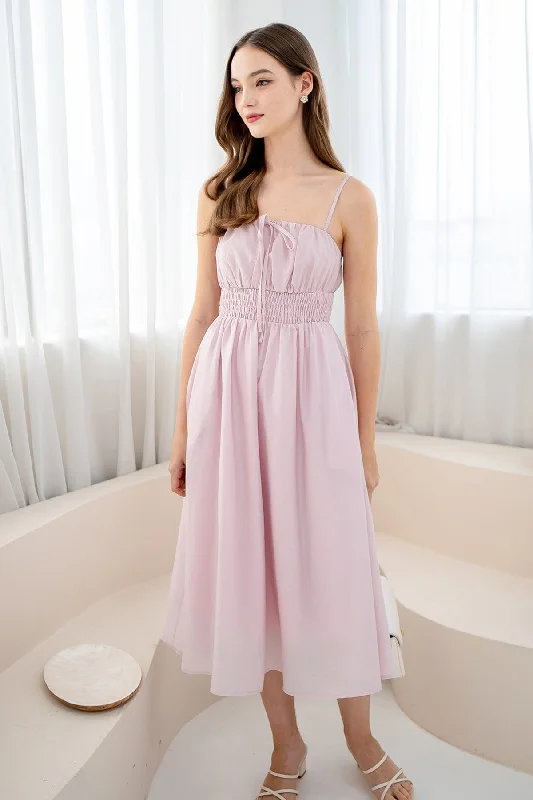 LABU RUCHED BOW MAXI DRESS IN PINK Comfortable Bohemian Maxi Dress