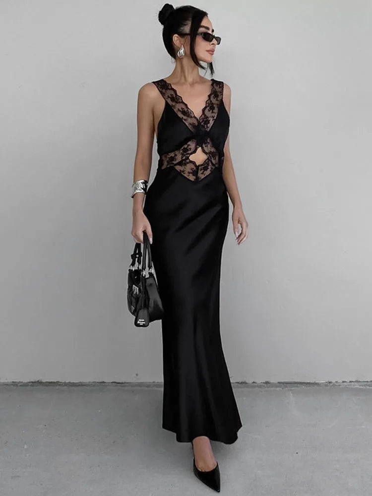 Lace Slim Maxi Dresses For Women Deep V Neck Sexy High Waist Maxi Dress Trendy Maxi Dress with Lace