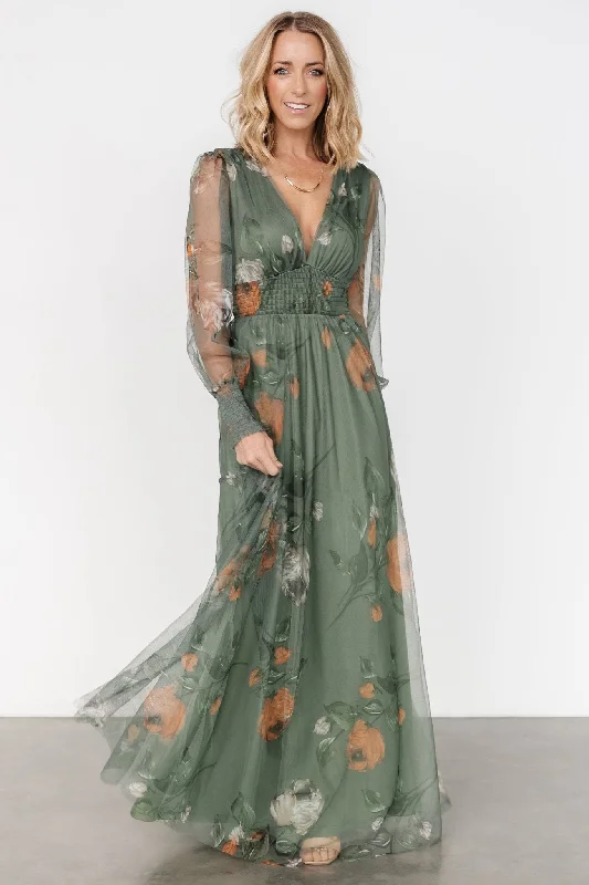 Layla Tulle Maxi Dress | Dusty Olive Floral Trendy Ruffled Maxi Dress