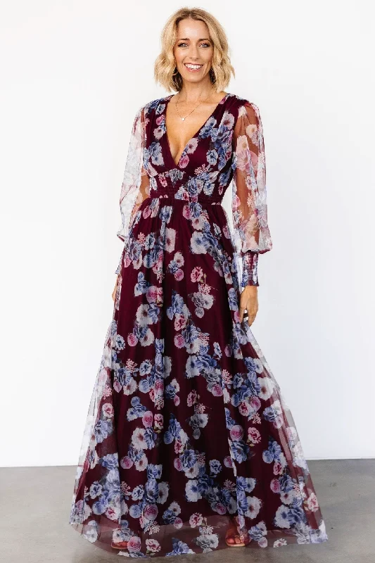 Layla Tulle Maxi Dress | Mulberry Floral Elegant Maxi Dress with Belt
