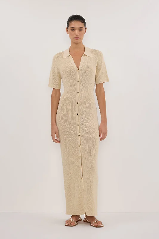 LIAM NATURAL KNIT POLO MAXI DRESS Elegant Maxi Dress with Ruffles