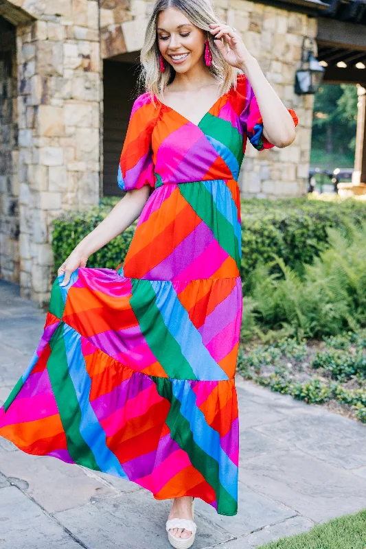 Looking Forward Rainbow Striped Maxi Dress Elegant Lace-Up Maxi Dress