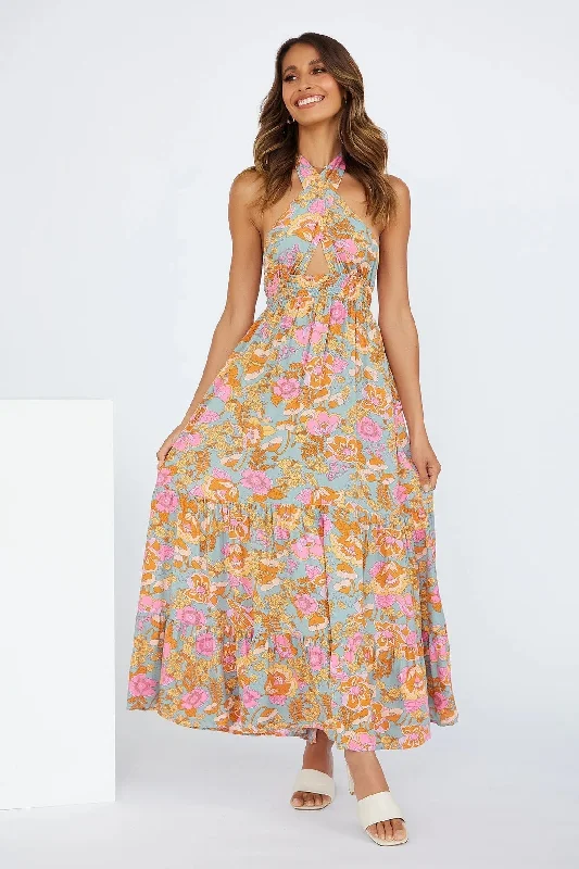 Love Games Printed Backless Halter Maxi Dress Elegant Wraparound Maxi Dress
