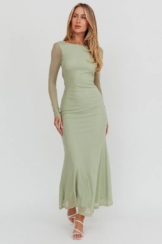 Lustre Open Back Mesh Maxi Dress Sage Comfortable Fitted Maxi Dress