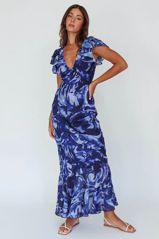 Lydiah Ruffle Sleeve Maxi Dress Floral Blue Trendy A-Line Maxi Dress