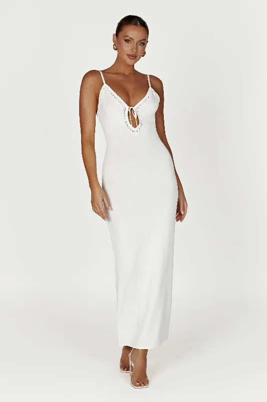 Maia Pointelle Knit Maxi Dress - White Stylish One-Shoulder Maxi Dress