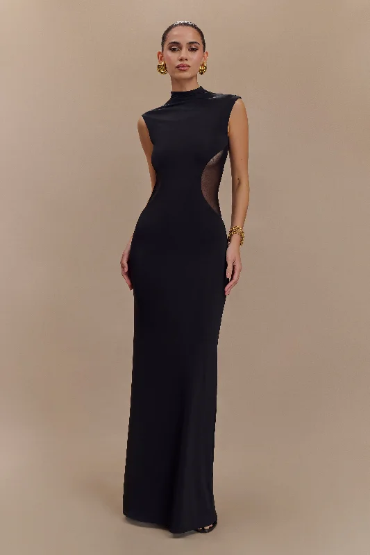 Massie Slinky And Mesh Maxi Dress - Black Cozy Knit Maxi Dress
