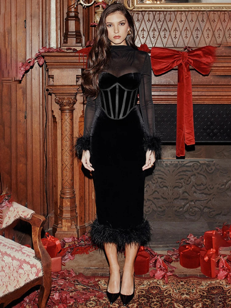 Mesh Splice Maxi Dress Women High Waist Feather Evening Party Maxi Dress Stylish V-Neck Maxi Dress