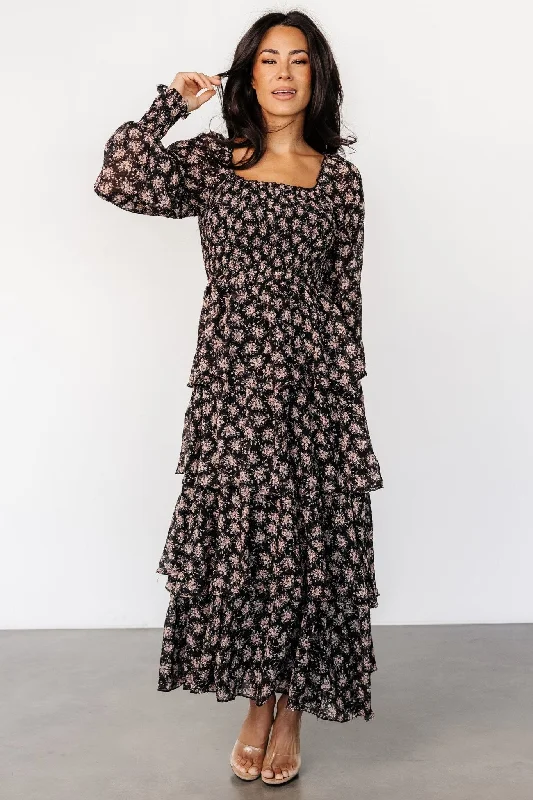 Miranda Tiered Maxi Dress | Black Floral Stylish Boho Chic Maxi Dress