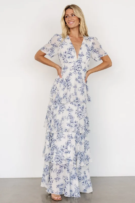 Montaigne Ruffle Maxi Dress | Off White + Blue Stylish Empire Waist Maxi Dress