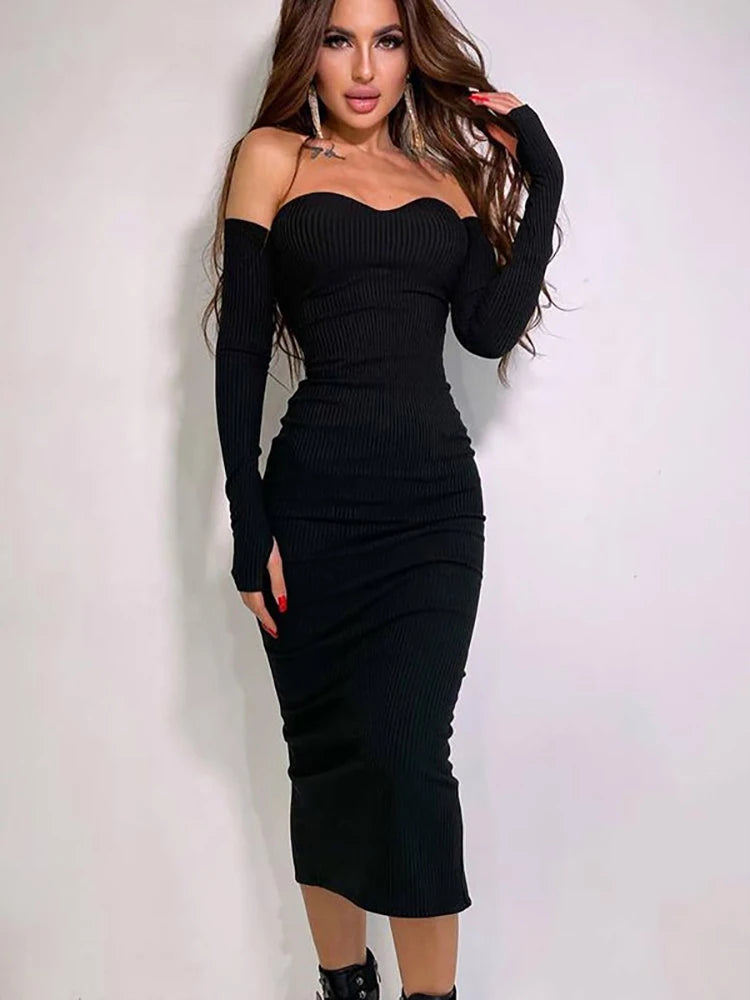 Off Shoulder Knitted Bodycon Maxi Dress Evening Party Maxi Dress Cozy Maxi Dress with Slit