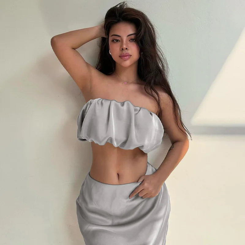 One-Shoulder Crop Top Slim Skirt Suit Women Sexy Satin Two Piece Maxi Dress Stylish Button-Up Maxi Dress