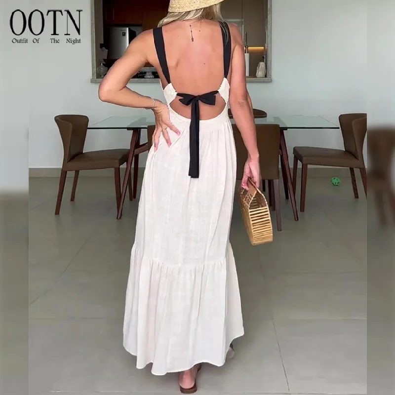 OOTN Round Neck Sleeveless Smocked Vacation Maxi Dress 2023 Contrast Strap Open Back Tie Sexy Summer Dress Long Dresses Elegant Maxi Dress with Drapes