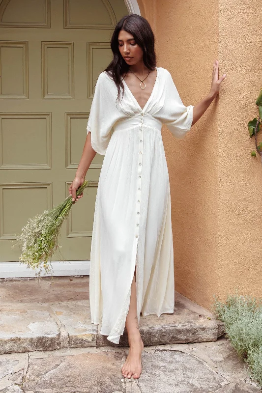 Paradise Found V-Neck Button Maxi Dress Natural Comfortable Fit-and-Flare Maxi Dress