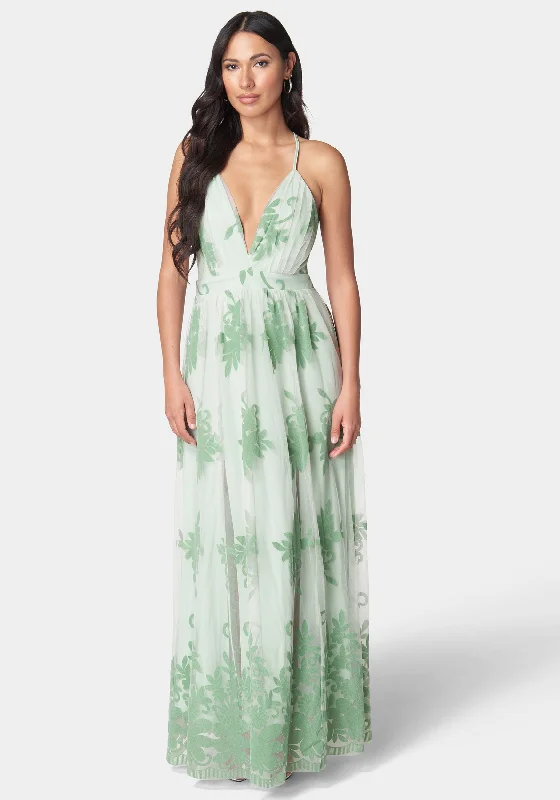 Plunge Neck Embroidered Maxi Dress Stylish Maxi Dress with Frills