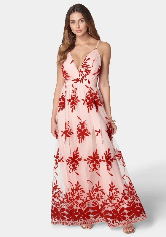 Plunge Neck Embroidered Maxi Dress Comfortable Ruffle Maxi Dress