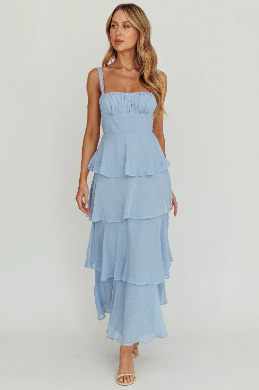 Provence Bloom Tiered Ruffle Maxi Dress Sky Blue Trendy V-Neck Maxi Dress