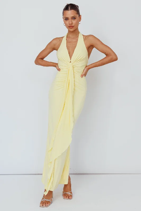 Ray Of Light Ruched Halterneck Maxi Dress Lemon Fashionable Halter Neck Maxi Dress