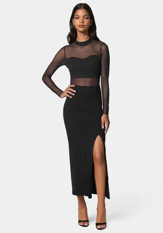 Rib Mock Neck Maxi Dress With Powermesh Fashionable Faux Wrap Maxi Dress