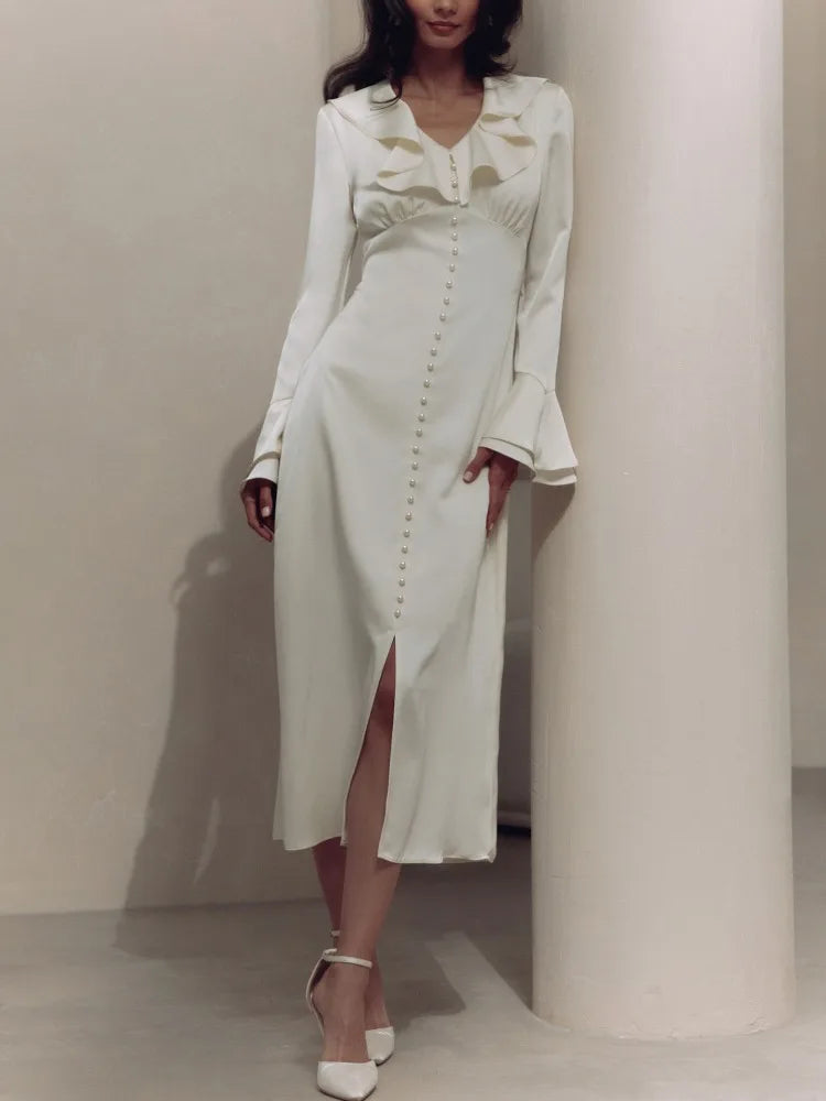 Ruffle V Neck Elegant Dress Women Slim Long Sleeve High Waist Maxi Dress Comfortable Plunging Neckline Maxi Dress Ruffle V Neck Elegant Dress Women Slim Long Sleeve High Waist Maxi Dress Comfortable Plunging Neckline Maxi Dress