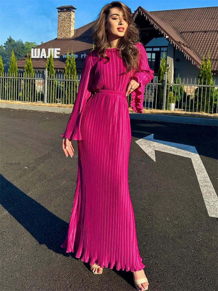 Ruffled Lace Up Maxi Dresses Women High Waist Elegant Bandage Maxi Dress Chic Boho Print Maxi Dress