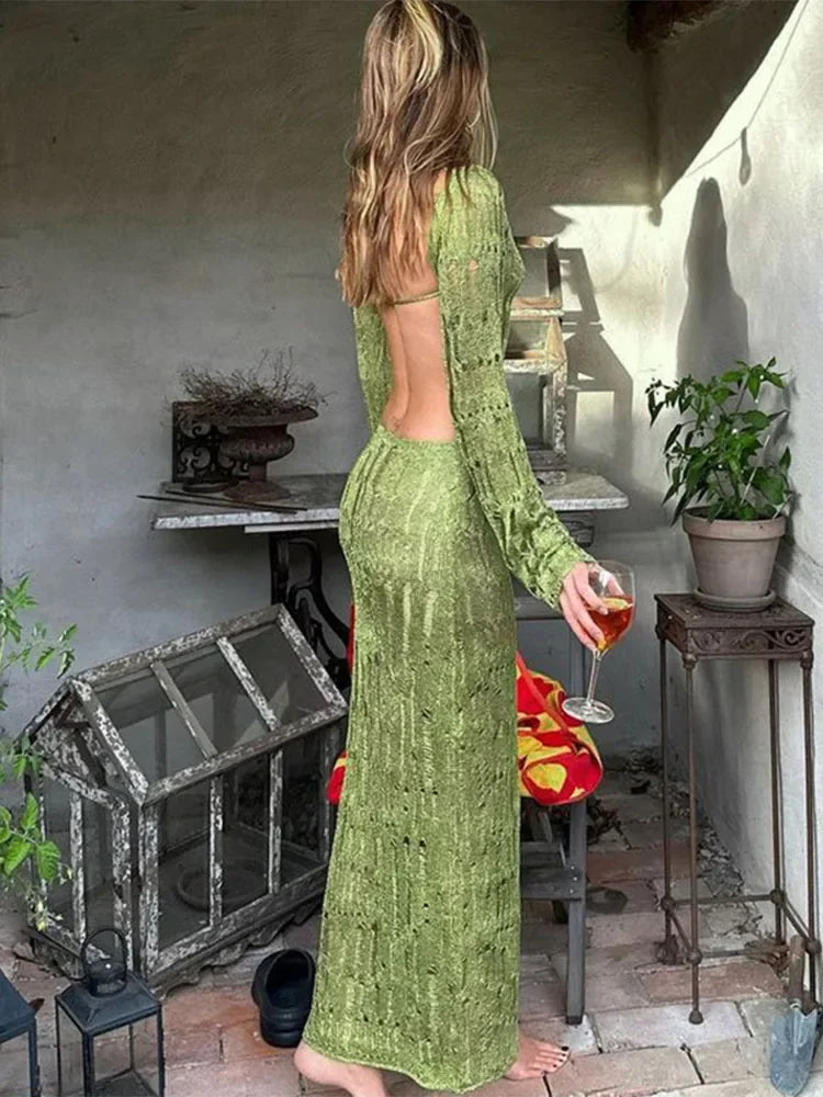 See Through Backless Sexy Dress Women Hollow Out Knitted Maxi Dress Trendy Ruffled Maxi Dress