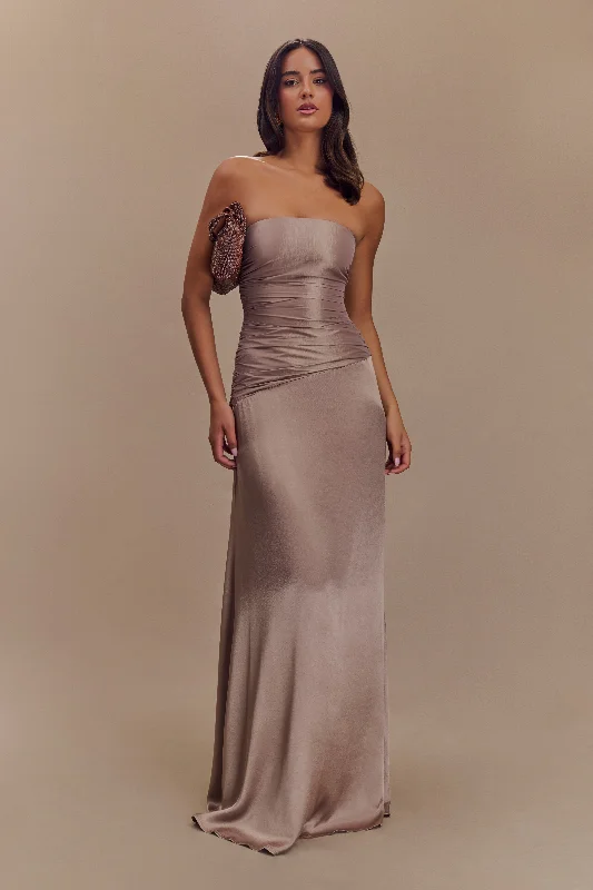 Serena Strapless Taffeta Maxi Dress - Bronze Taupe Elegant Maxi Dress with Slit